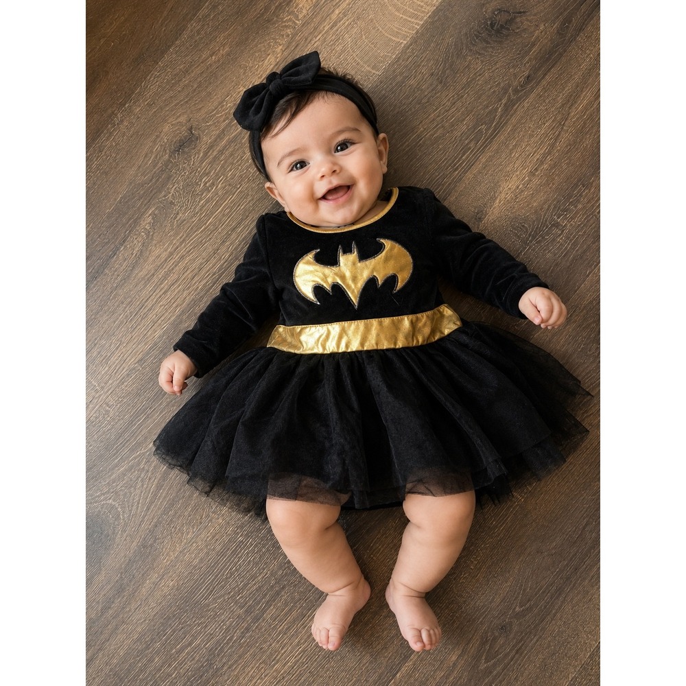 DC Comics Batman Baby Girl Tutu Dress with Cape and Headband Black Gold 24M